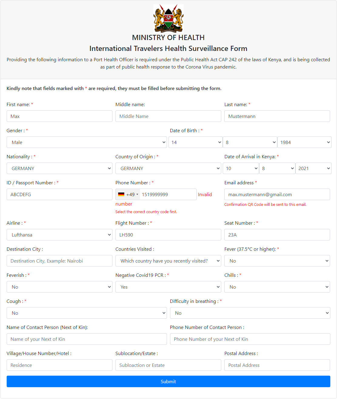 travelers health form